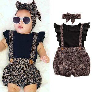 Girls Sleeveless Solid Color Tops And Leopard Printed Suspender Skirt Set